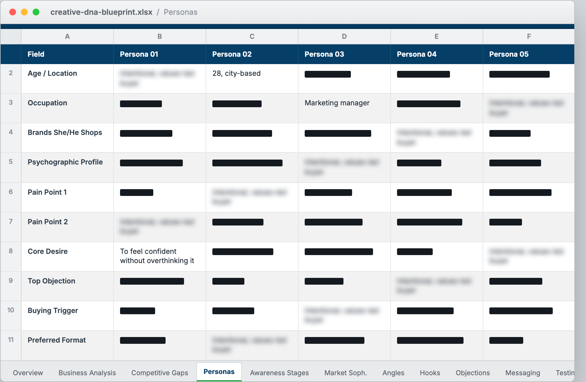 Screenshot of the Personas tab from the Creative DNA Blueprint, with buyer details redacted